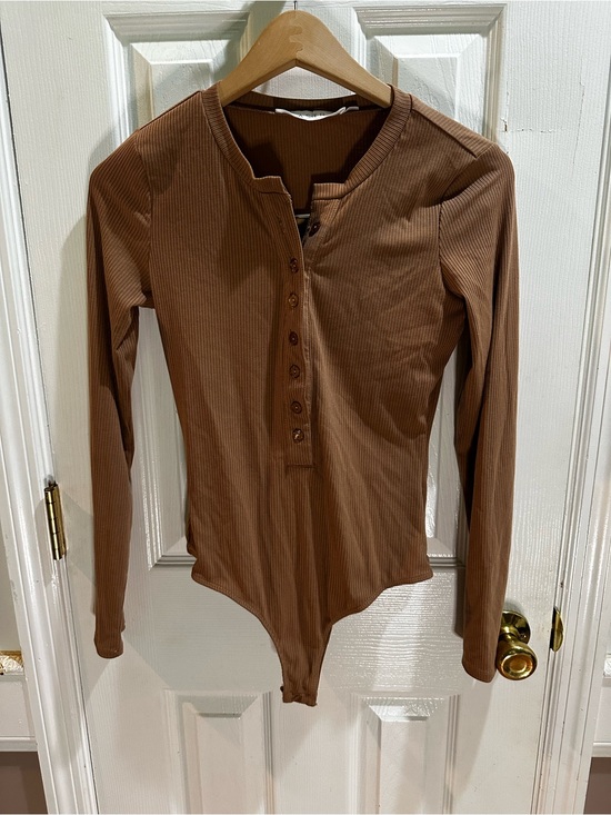 Astr Tops - ASTR The Label Henley Bodysuit Taupe Ribbed Minimalist Neutral Small